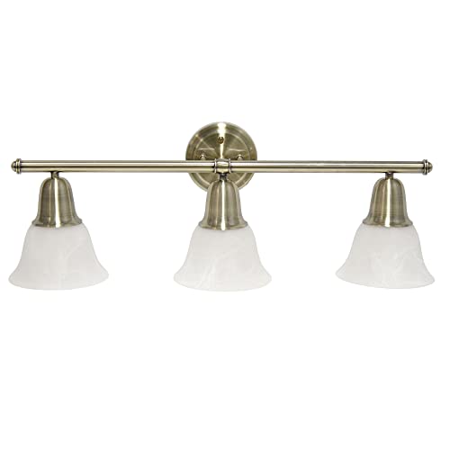 Image of Simple Designs VT1027-ABS 26.5 inch Classic 3 Light Straight Metal Bar & Frosted Marble White Bell Shape Glass Shades Decorative Wall Mounted Vanity Fixture for Bathroom, Entryway, Hallway, Antique Brass
