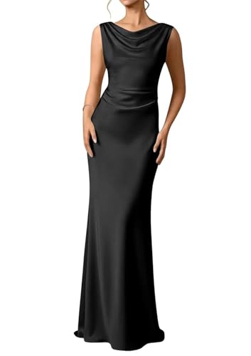 Robe d'invité de mariage longue plissée sans manches satin col bénitier