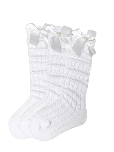 OYOANGLE Girl's 3 Pairs Bowkont Decor Knee High Socks Cable Knit Long Stockings Soft Tube Sock2