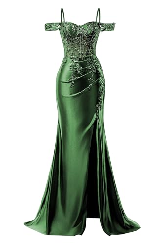 Image of Mermaid Satin Prom Dresses 2026 Lace Applique Off Shoulder Formal Evening Gown with Slit