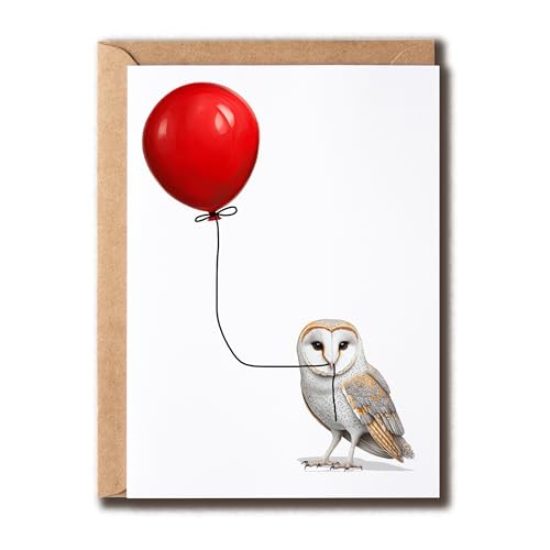 NoNi93Art Barn Owl With Balloon - Cute Barn Owl Birthday Card - Bird Lover - Bird Birthday - Greetin