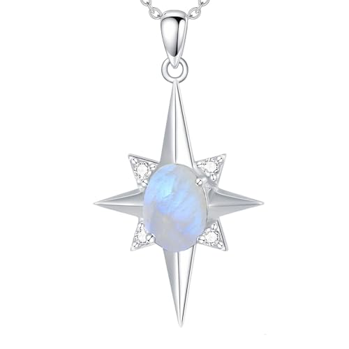Rainbow Genuine Moonstone North Star Pendant Necklace Sterling Silver Natural Gemstone June Birthstone Jewelry for Women