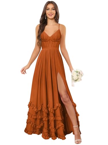 Women's Spaghetti Straps Burnt Orange Bridesmaid Dresses for Wedding Long V Neck Ruffle Tiered Formal Prom Chiffon Dress with Slit Size 2