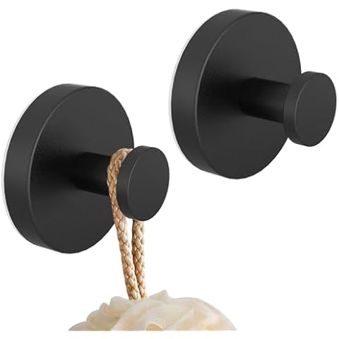 STWWO Suction Cup Hooks for Shower, Bathroom, Hanging Towels, Robe, Loofah, Mounting on Glass Shower Doors, Tile, Mirrors, Matte Black, 2 Pack Cover