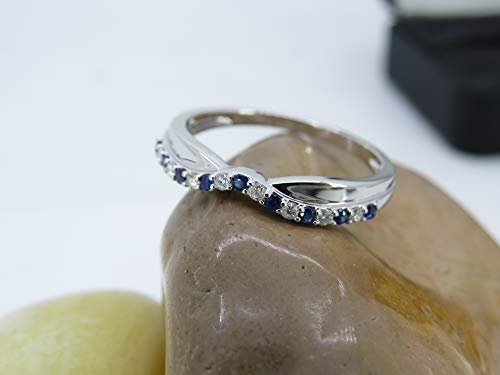 14K Solid Gold Round Cut Blue Sapphire & White Diamond Anniversary Wedding Stackable Contour Guard Band2