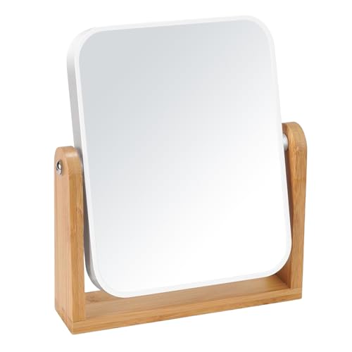 Home-X Table Desk Vanity Makeup Mirror, 1X/3X Magnification Double Sided 360 Degree Swivel with Natural Bamboo Stand, Compact Small Portable Free Standing Mirror for Dressing Table, Bathroom, Travel
