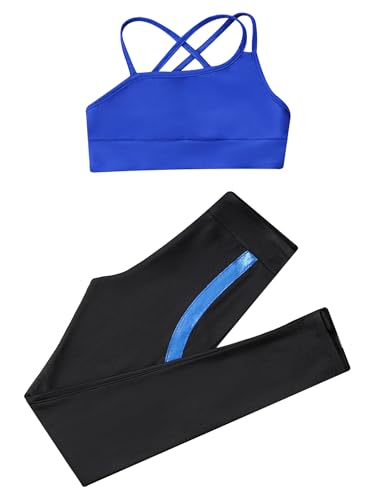 easyforever Kids Girls Two Piece Athletic Leggings And Crop Tops Tracksuit Activvewear Set Gymnastics Dance Workout Outfits Royal Blue&Blue 8 Years3