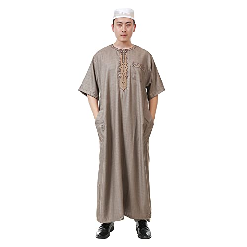 Janjunsi Men Arab Muslim Kaftan Middle East Islamic Short Sleeve Robe Dubai Church Prayer Ethnic Clothes Dark Khaki