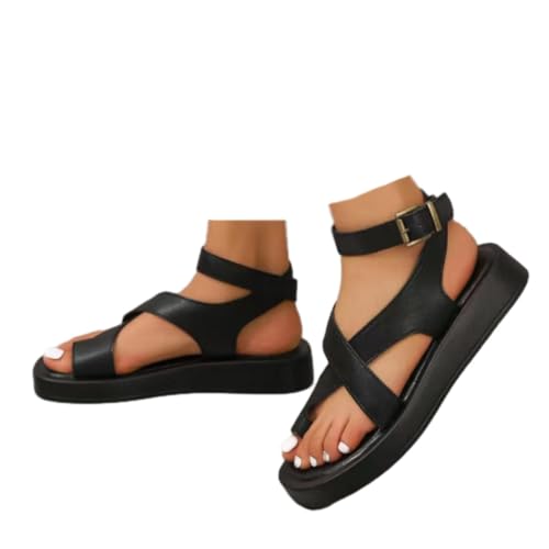 WINDEHAO Sandalias romanas con plataforma de piel auténtica para mujer, sandalias de gladiador de verano, sandalias gruesas para playa (negro, 38 EU)
