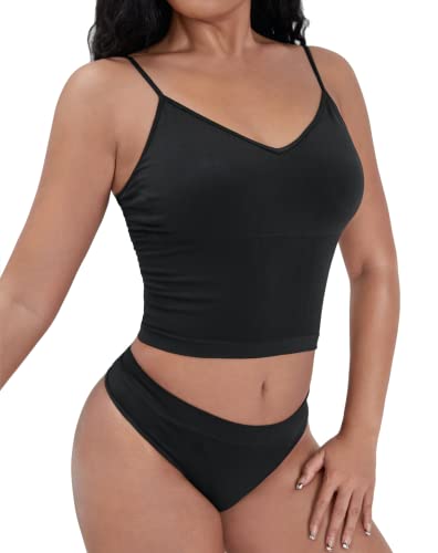 Conjunto de Ropa Interior sin Costuras para Mujer Camiseta y Tanga Lencería y Ropa Interior para Mujer Sujetador sin Costuras para Mujer y Braga sin Costuras (Black, L) Cover