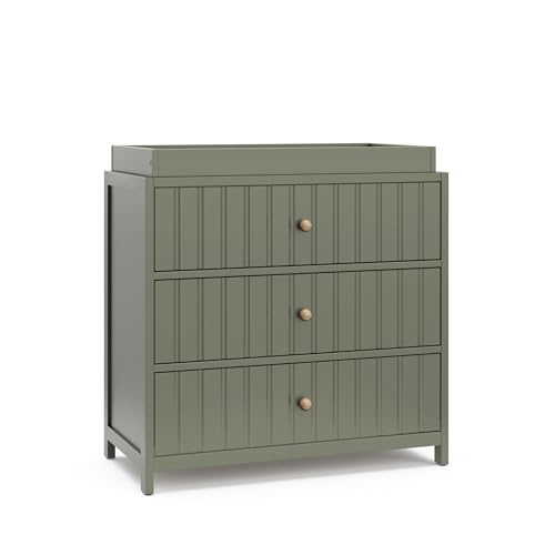 Image of Graco Teddi 3 Drawer Chest with Changing Table Topper (Olive) – GREENGUARD Gold Certified, Interlocking Drawer System, Pre-Installed Drawer Tracks for Easier Assembly