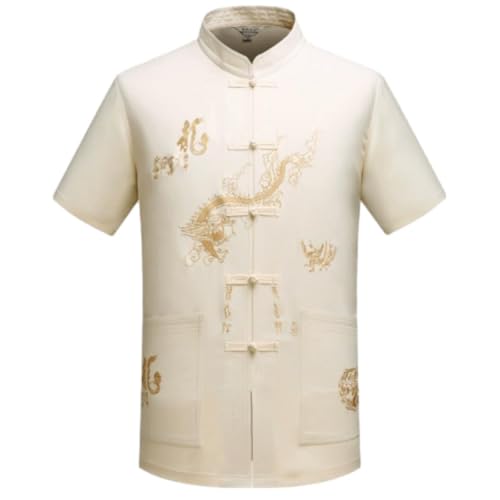 Buttoned Placket Shirt Casual Fashion Men Short Sleeve Taiji Martial Arts Kung Fu Men's Traditional Clothing Classics Chinese Style Tangzhuang I-Beige L