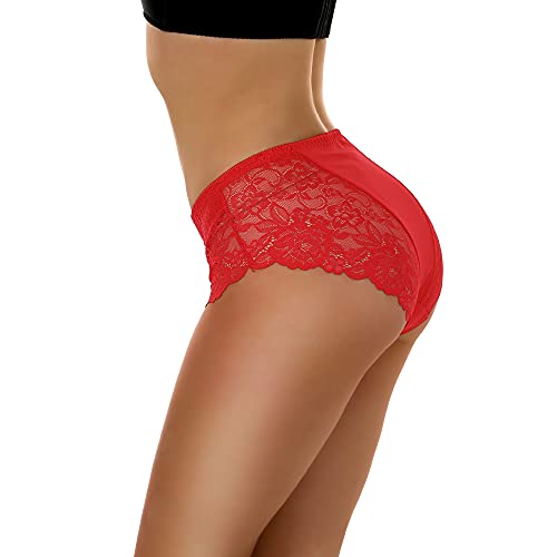 Confonze Lace Underwear For Women Sexy Floral Lace Panties Mesh Hipster High Waist Briefs (Red-8009, Large) #TOP1