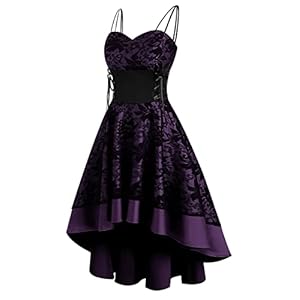 Panegy Womens Goth Steampunk Dress Halloween Vintage Sleeveless Dress Lace Up Spaghetti Straps Punk Dress