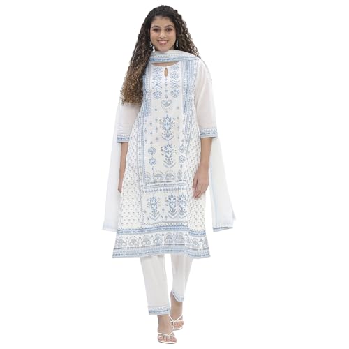 Image of Biba Women 100% Cotton 3 /4 Sleeve Round Neck Printed Kurta Set