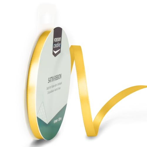 Vaessen Creative Fita de cetim 6 mm x 10 m, cor amarelo dourado, fita decorativa, fitas para artesanato, fitas de tecido para casamentos, batizados e presentes de aniversário