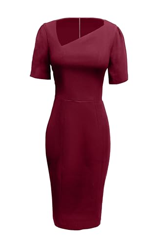 Image of Dress the Population Women's Ruth Short Puff Sleeves Asymmetrical Neckline Bodycon Midi Dress