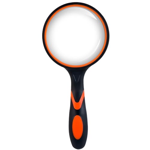 DOETYD Magnifying Glass 10X Orange Handheld 75mm Magnifier with Non-Slip Handle Magnifying Len for Seniors Reading or Hobbies