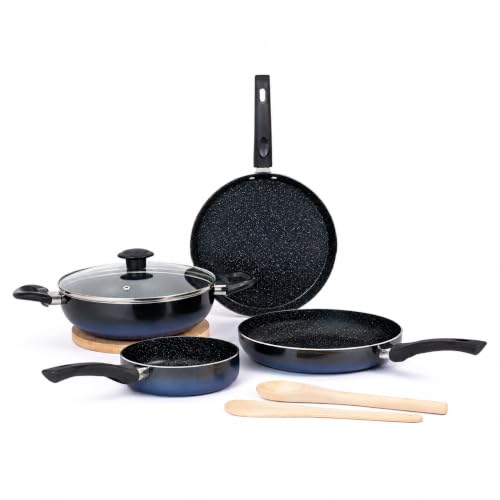 Image of Kreme Aura Granite Non Stick Cookware Set 7pcs | Aluminium Cookware Set | Non Stick Flat Tawa, Fry Pan, Sauce Pan, Kadhai with Glass Lid | Uses Less Oil | Induction Gas Stove Compatible, Blue
