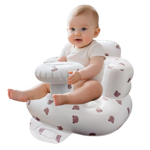 MAXTBEE Inflatable Baby Seat with Tray, Sit Me Up Floor Seat for Baby for 3-36 Months Built in Air Pump Blow Up Floor Chair Back Support - Bear