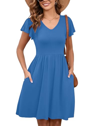 Image of Heymoments Women Summer Dresses Ruffle Sleeve Casual V Neck Swing Button Down Flowy Dress with Pockets