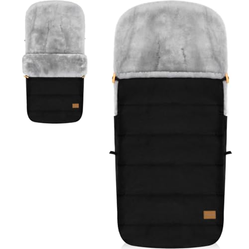 Fillikid Winterfußsack Lammfellfußsack für Kinderwagen Buggy Jogger Kinder Fußsack (Schwarz/Grau)
