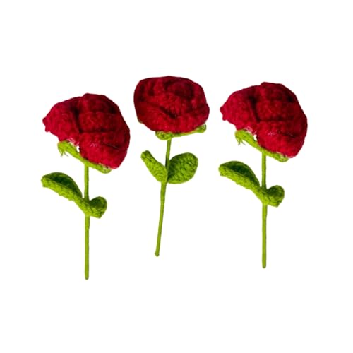 Image of eCraftIndia Set of 3 Handmade Crochet Rose Flower with Gifting Wrap for Rose Day Valentines Day Birthday for Wife Girlfriend