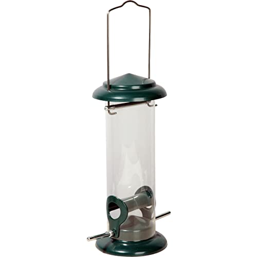 dobar® 11516 Kompakte Vogelfuttersäule mit Anflugstangen - Wildvogelfutterspender für Sämereien - Vogelfutterstation Metall - Futterspender in Garten/Terrasse/Balkon - Ø 9,5 x 23 cm - Grün