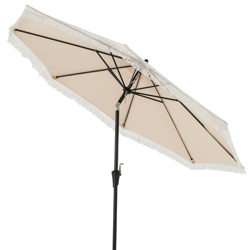 HAPPYGRILL 9 FT Patio Umbrella with Fringe, Outdoor Tassel Umbrella with Push Button Tilt, Crank, 8 Ribs, Vented Top, Fade-resistant Canopy, Heavy-Duty Market Table Umbrella for Yard Garden Pool, (Beige)