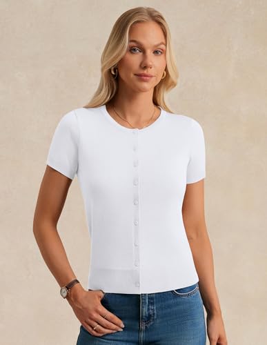 Image of GRACE KARIN Women Short Sleeve Cardigan, 2026 Summer Knitted Sweater Tops, Basic Crew Neck Crop Outfits