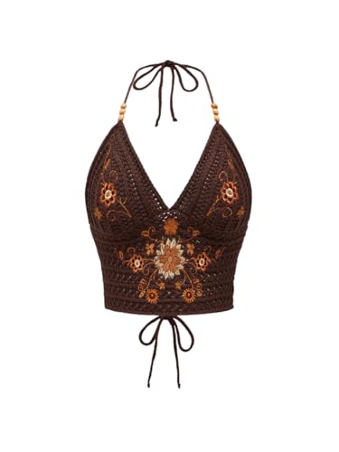 SHENHE Women's Open Back Knitted Halter Crop Top...