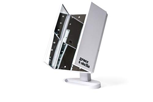 Grace & Stella Co. Miroir grossissant de Maquillage 2X, 3X, 10x Attachement portatif, Rotation de 180° Illuminé avec 24 lumières de LED Miroir cosmétique tri-Pliable réglable