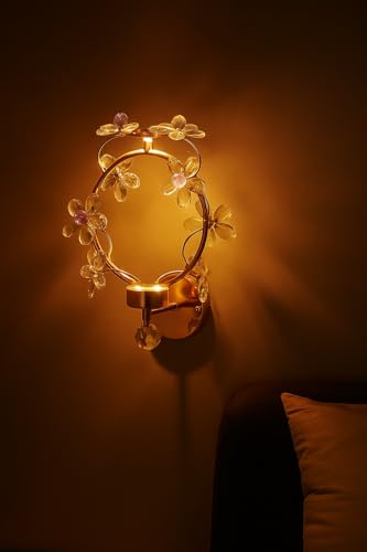 Image of blissbells Elegant Floral Crystal Wall Light - Decorative LED Sconce with Gold Finish for Bedroom & Living Room Ambiance (Crystal Flower Sconce)
