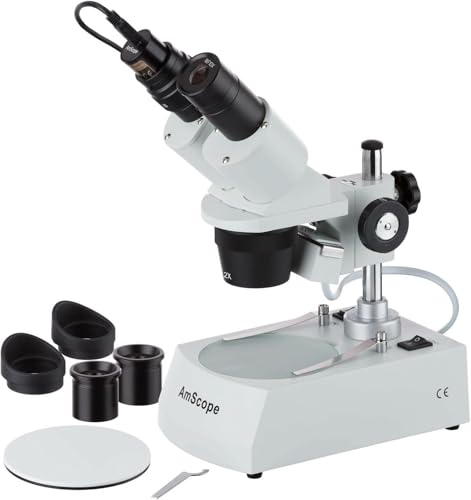 AmScope SE306R-PZ-E Digital Forward-Mounted Binocular Stereo Microscope, WF10x and WF20x Eyepieces, 20X/40X/80X Magnification, 2X and 4X Objectives, Upper and Lower Halogen Lighting, Reversible Black/White Stage Plate, Pillar Stand, 120V, Includes 0.3MP Camera and Software