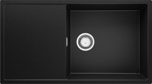PRIMAGRAN Evier Cuisine en Granit Noir 90x50cm, Lavabo 1 bac + Kit de Vidage, Évier à Encastrer au Meuble 60cm - Ibiza S045