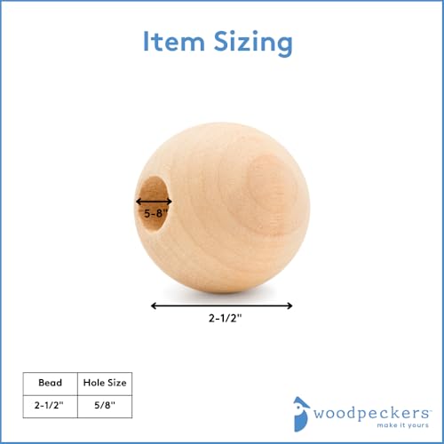 Large Wooden Beads for Crafts - Pack of 6 64mm 2-1/2 x 5/8 Inch Hole Large Wood Beads for Crafts withHoles for DIY | Round Wooden Balls for Crafts | Wood Beads for Jewelry Making | Woodpeckers