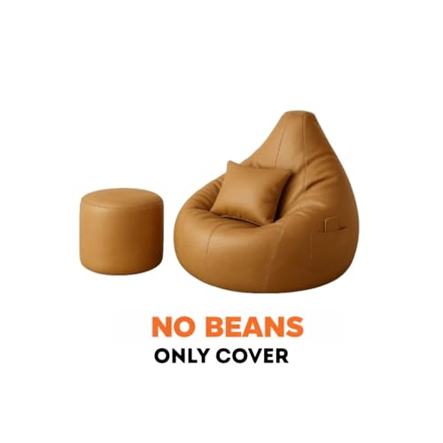 Image of Bean Bag Cover | Gaming Seat with Side Pocket | Premium Leatherette, Washable Cover, Double Stitching | for Lounge & Bedroom | Cover Only (Free Pillow & Footrest, No Beans) (Tan, XL)