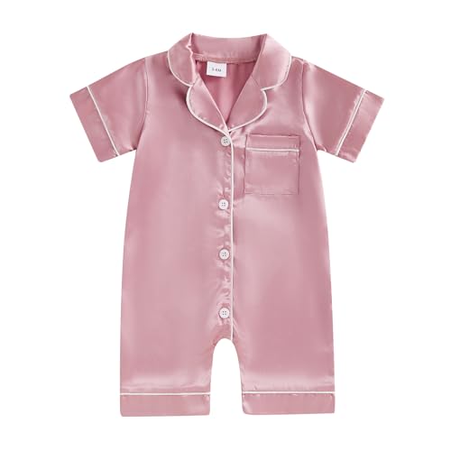 Image of MAINESAKA Newborn Baby Girl Boy One Piece Pajama Romper Sleep Jumpsuit Silk Satin Long Sleeve Button Down Pjs Sleepwear