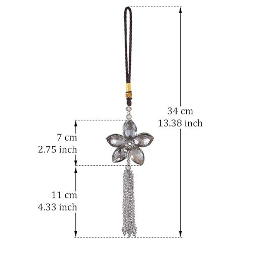 Crystal Flower Rear View Mirror Pendant Car Hanging Ornament Lucky Charm with Dangle Beads, Gray