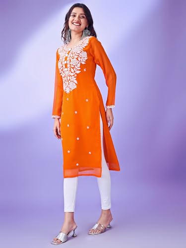 Image of HESVI Women's Georgette White Lakhnavi Chikankari Kurti with Intricate Embroidery Work