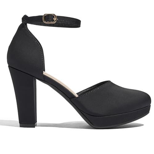 Women's High Block Heels Pumps Round Closed Toe Ankle Strap Dress Wedding Shoes4