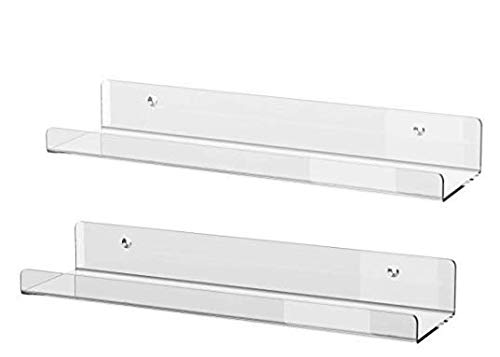 HESIN 16" Acrylic Floating Wall Ledges/Display Shelves - 5MM Thick Invisible Spice Racks - Crystal Clear Photo Ledge - Nursery/Kids' Bookshelf - 16" L x 4" D x 2" H
