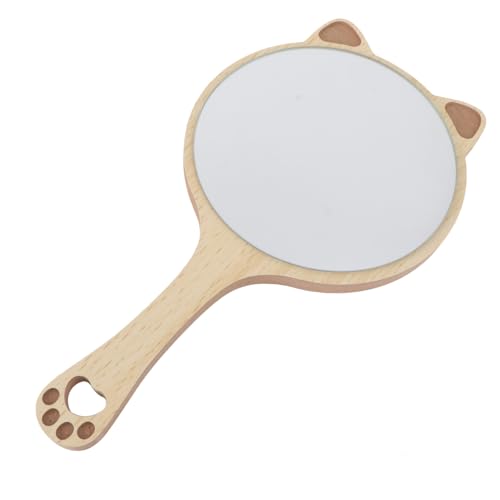 WRITWAA Espejo de tocador con Mango de Madera Espejos de Mano con Mango Espejo para Hola portátil Ligero Espejo de Maquillaje de Mano Espejo de Gato Espejo de Mano Gato Vidrio Caqui