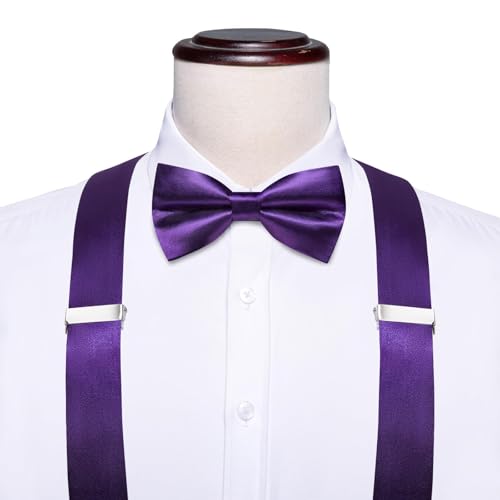 Image of Hi-Tie Men Suspender Bowtie Set Suspenders Pre-tied Bow Tie Pocket Square Cufflinks Adjustable Y Shape 6 Clips Braces Tuxedo