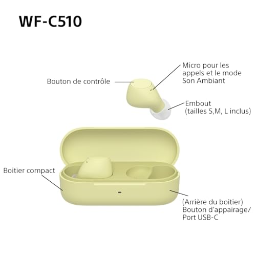 Sony WF-C510 Truly Wireless - Ecouteurs Intra-Auriculaires Bluetooth, Petits, Légers, Connexion Multipoint, Son Ambiant, IPX4, Spotify Tap, Charge Rapide, Batterie jusqu'à 22h, iOS et Android – Jaune