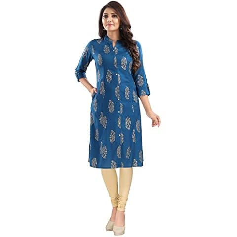 MM299FBA Kurtis for Women 100% Viscose Blue Floral Tunic Collared Neck Knee-Length 3/4 Sleeve (Numeric_18) Blue Cover