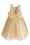 zikusel Tulle Wedding Flower Girl Dress Glitter Gold First Communion Dress Princess Pearl V-Back Floor-Length Birthday Party Gown 8-9 Years