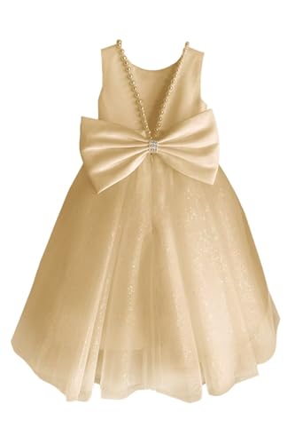 Glitter Tulle Flower Girl Dress V-Back Girls Party Dress with Pearls Princess Full-Length Bow-Knot Pageant Dress