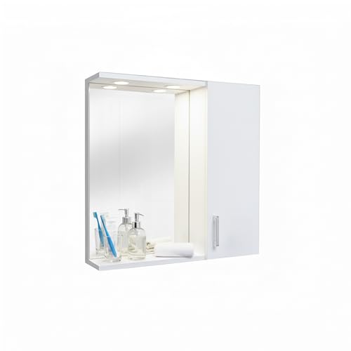 Baroni Home Pensile Bagno con Specchio e 2 Ante, Armadietto da Parete con Illuminazione LED, Mobile Bagno Salvaspazio in MDF, 77x15x57 cm (Specchio 1 Anta Laterale Bianco)
