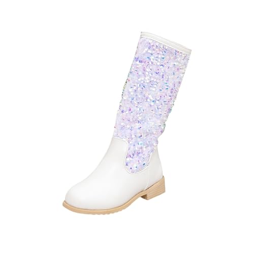 Girls Glitter Sequin Boots High Top Western Boots Sparkly Chunky 𝐋ow Heel Fashion Non-Slip Princess Dress Shoes